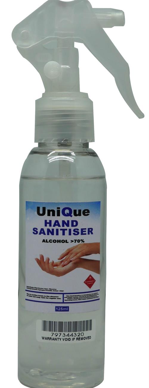 UniQue 125ml Hand Sanitiser Spray Bottle Retail